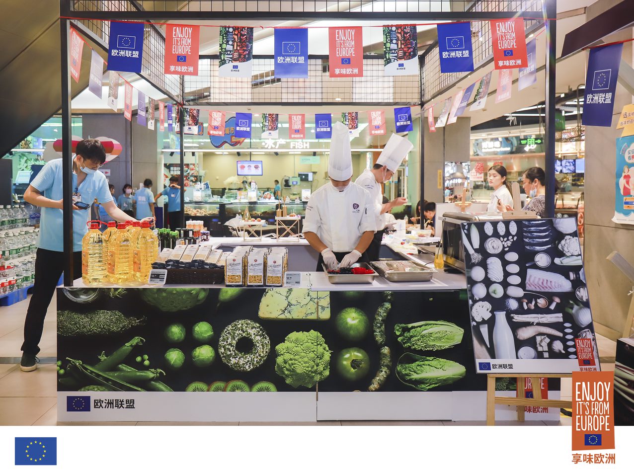 Food stand with EU products at Hema Fresh Chengdu